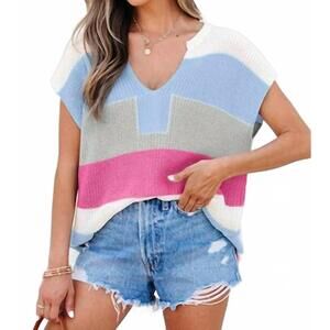NEW SHEWIN colorblock notch v-neck sweater in light blue